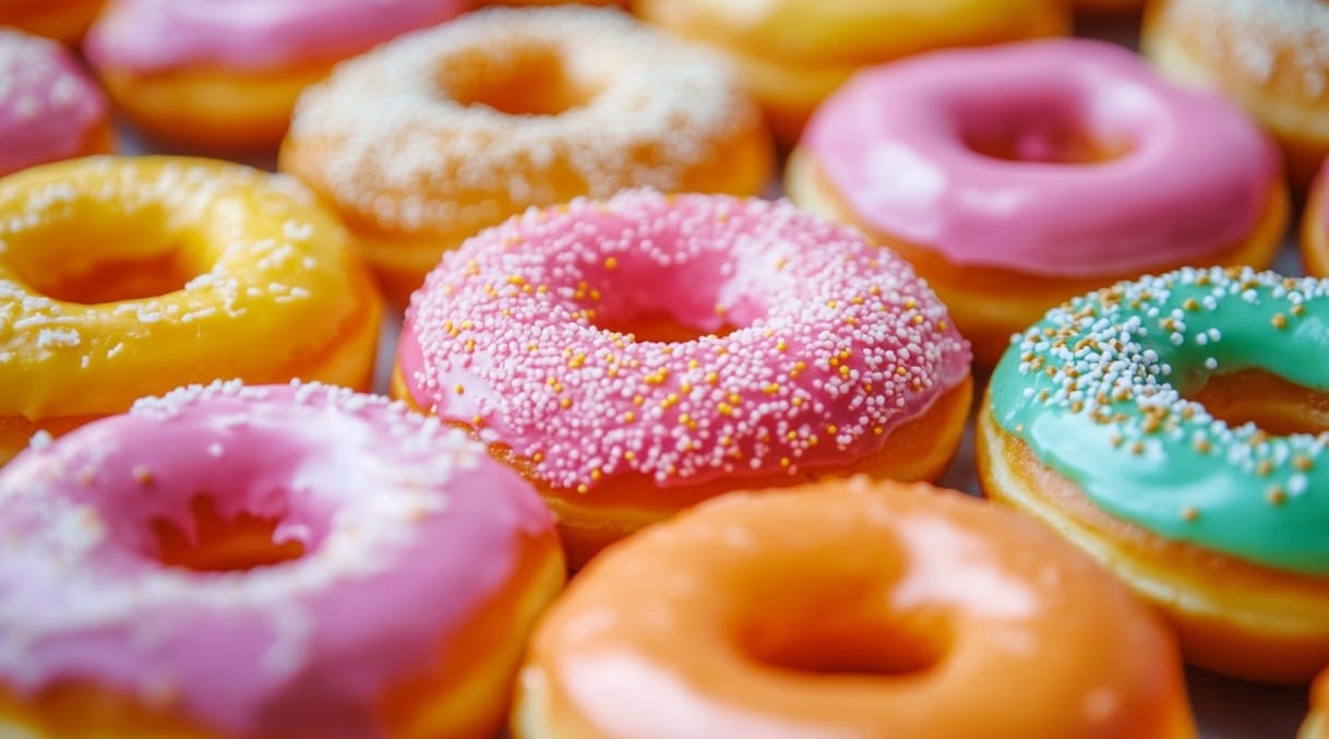 Image created with AI - a colourful tray of glazed ring doughnuts