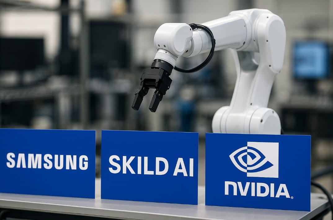 An AI created image showing a robotic arm and brand logos for Samsung and Nvidia