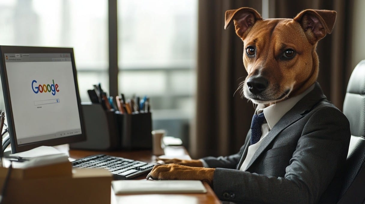 Image created with AI - a 'watchdog' browsing the internet with Google