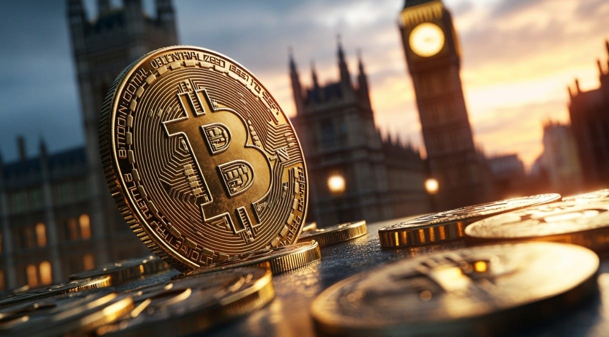 A bitcoin, with Westminster parliament buildings in the background