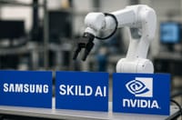 An AI created image showing a robotic arm and brand logos for Samsung and Nvidia