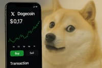Image created with AI - a mock up of a Dogecoin trading screen with the X branding, with a Shiba Inu dog in the background