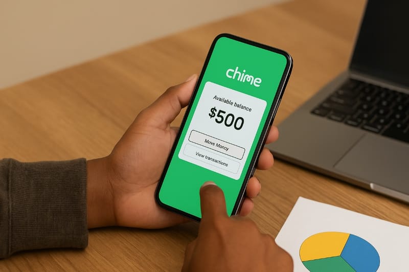 AI created image showing a smartphone user with a Chime banking app