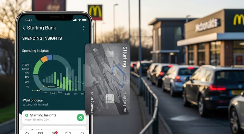 A queue at a McDonalds drive-thru, plus a representation of an AI banking app