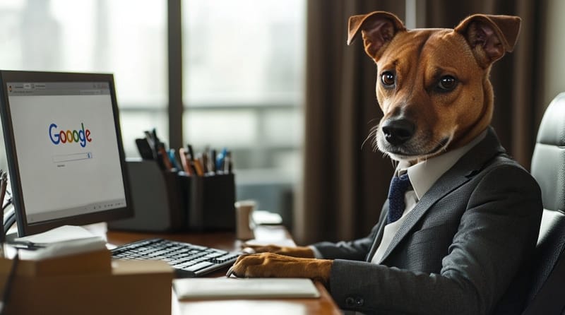 Image created with AI - a 'watchdog' browsing the internet with Google